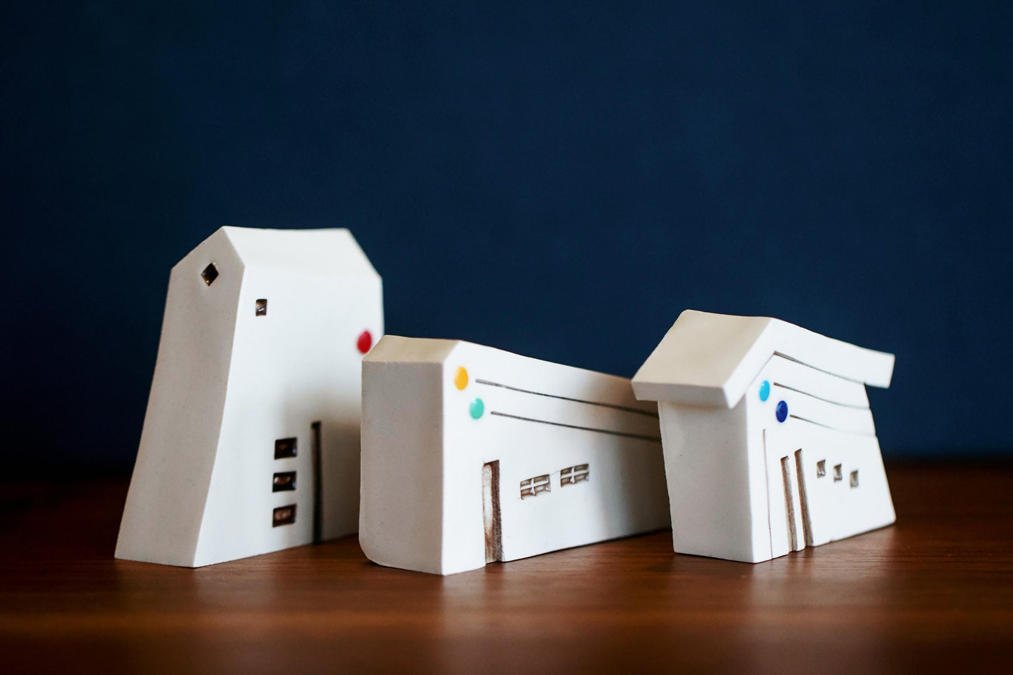 Modern Mid Century Miniature White Ceramic Houses with Rainbow Dots