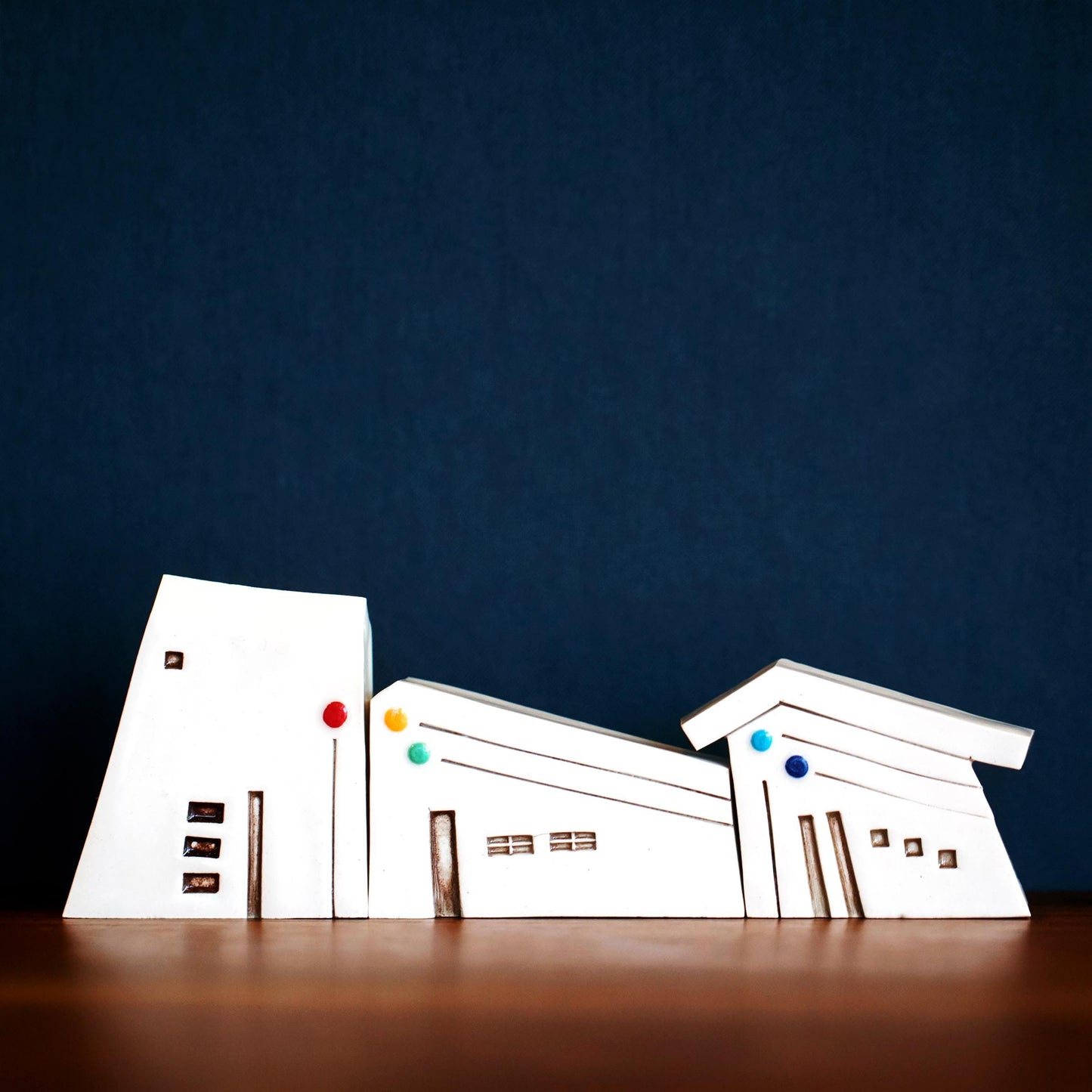 Modern Mid Century Miniature White Ceramic Houses with Rainbow Dots