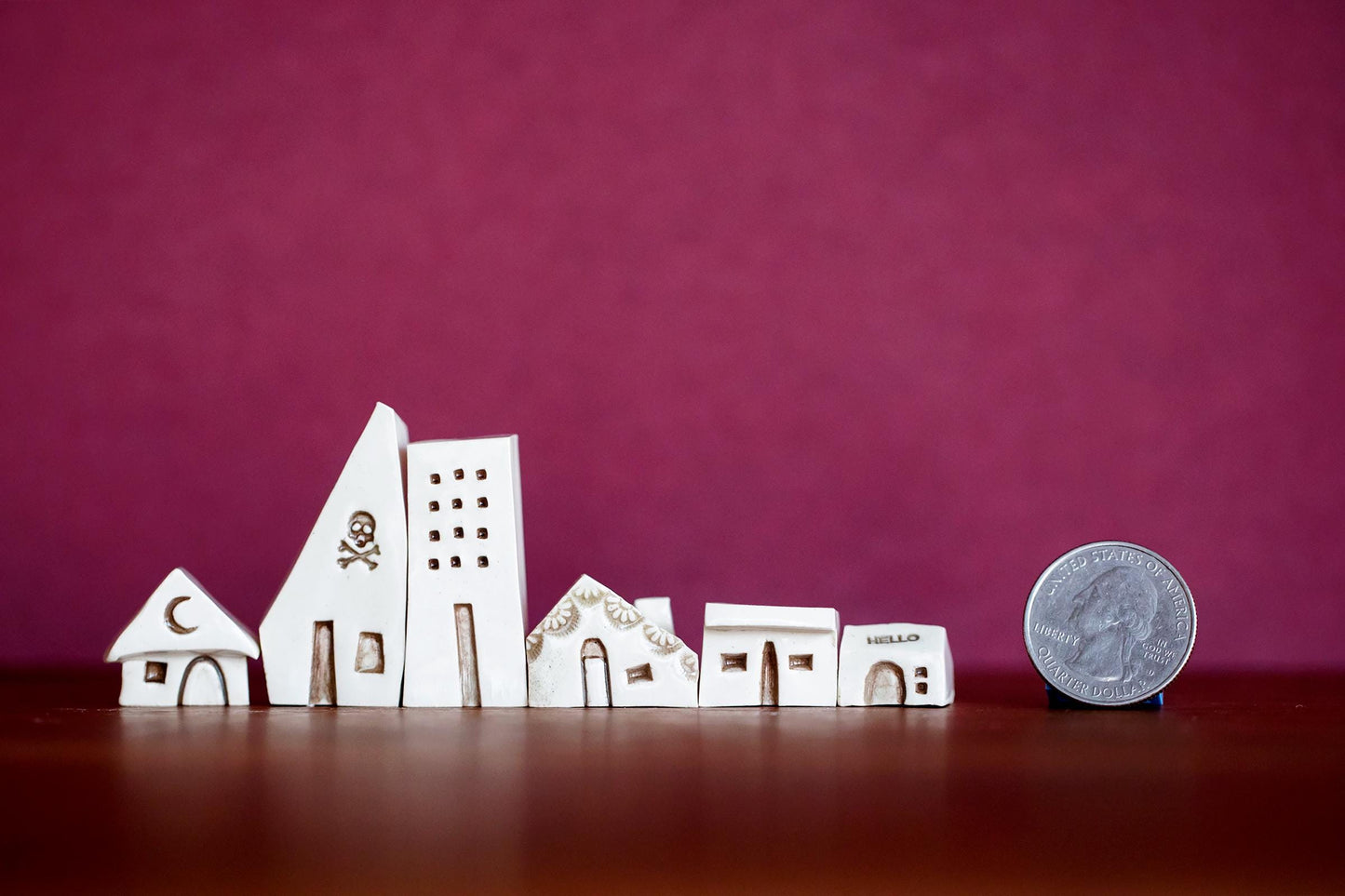Miniature Artsy Ceramic Village with Six Houses and Skull