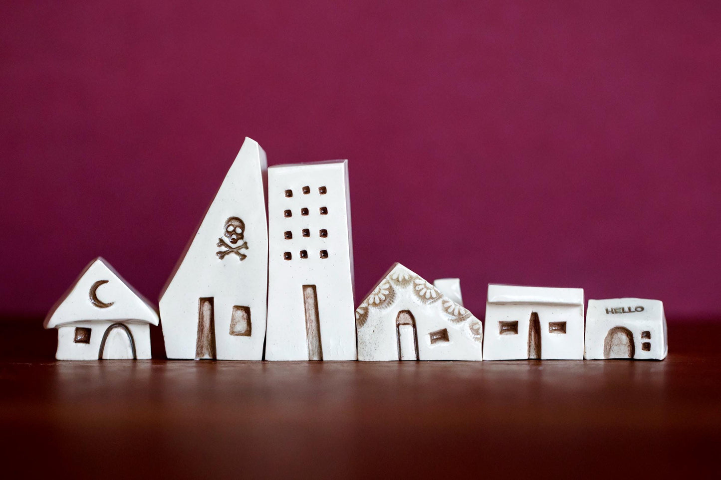 Miniature Artsy Ceramic Village with Six Houses and Skull