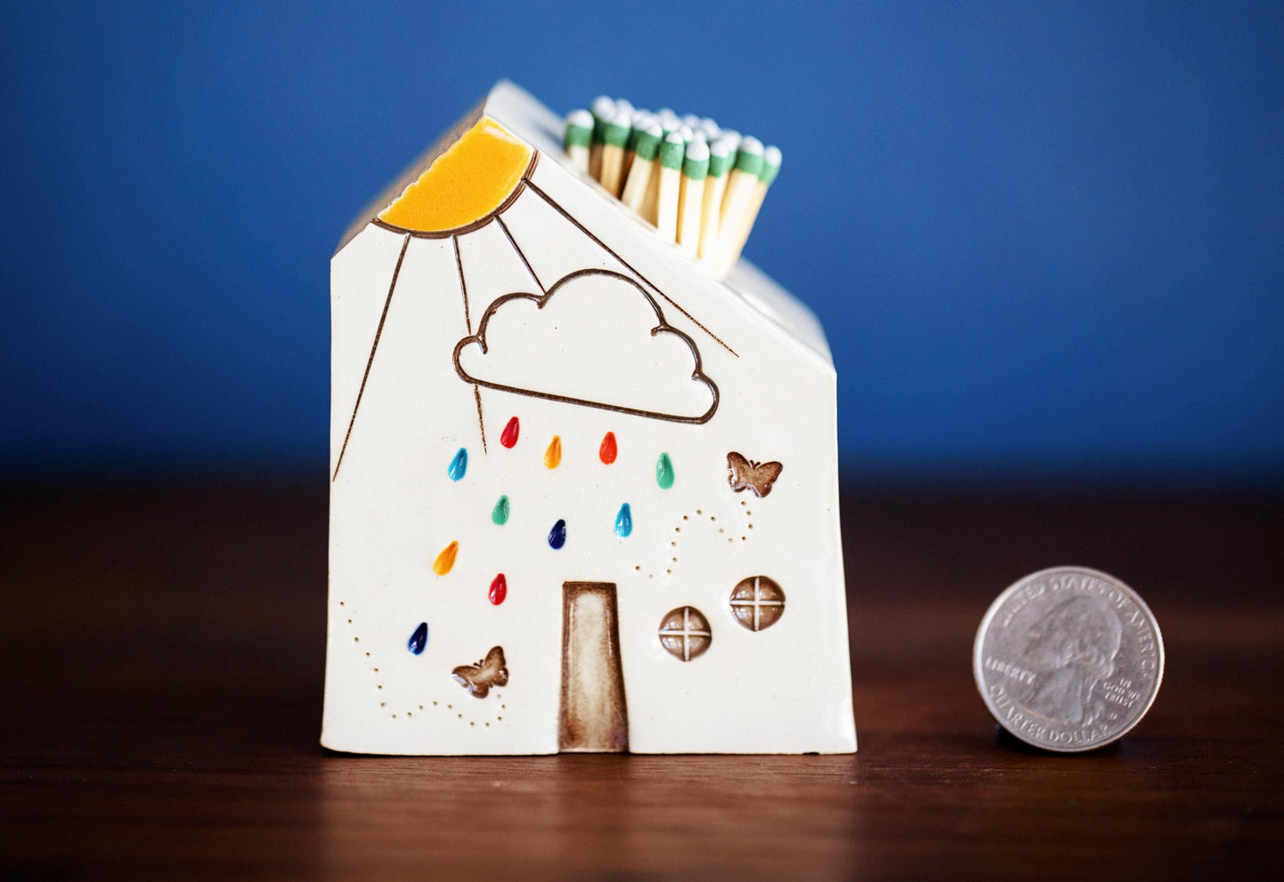 White Ceramic House Match Striker for Meditation Altar - Unique MCM Rainbow Butterfly Gift