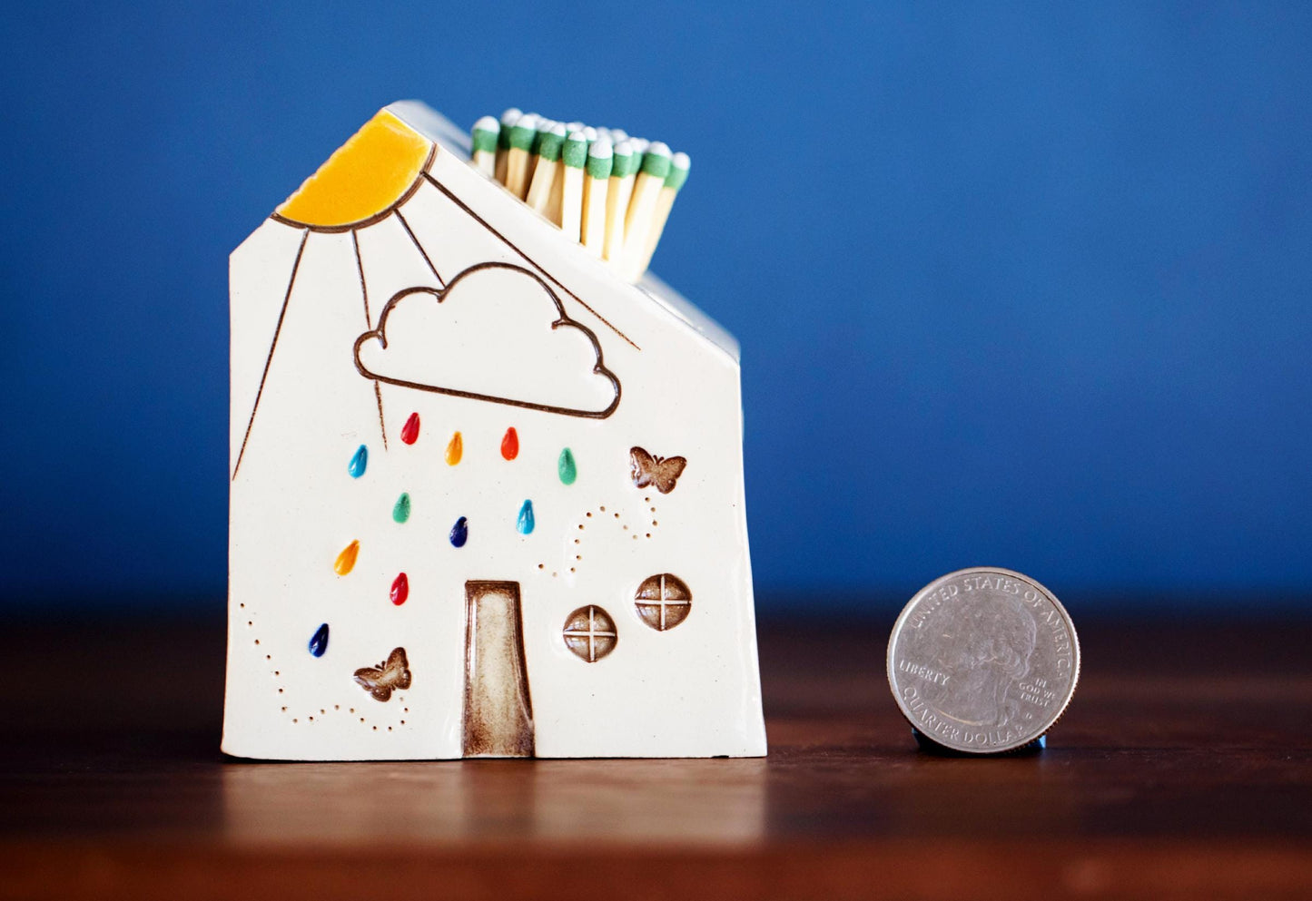 White Ceramic House Match Striker for Meditation Altar - Unique MCM Rainbow Butterfly Gift