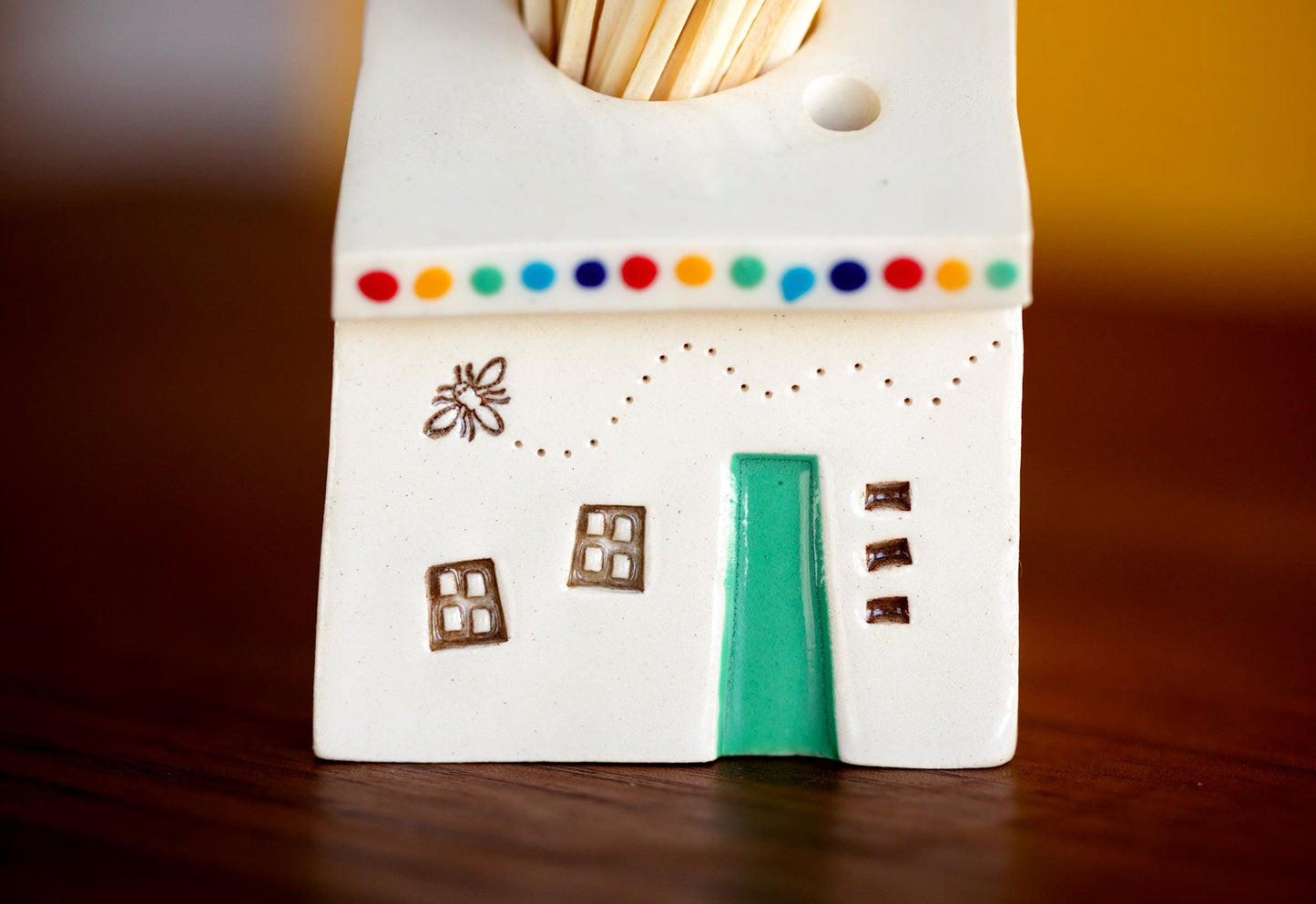 White Ceramic House Match Striker with Rainbow Dots and Honey Bee - Altar Decor
