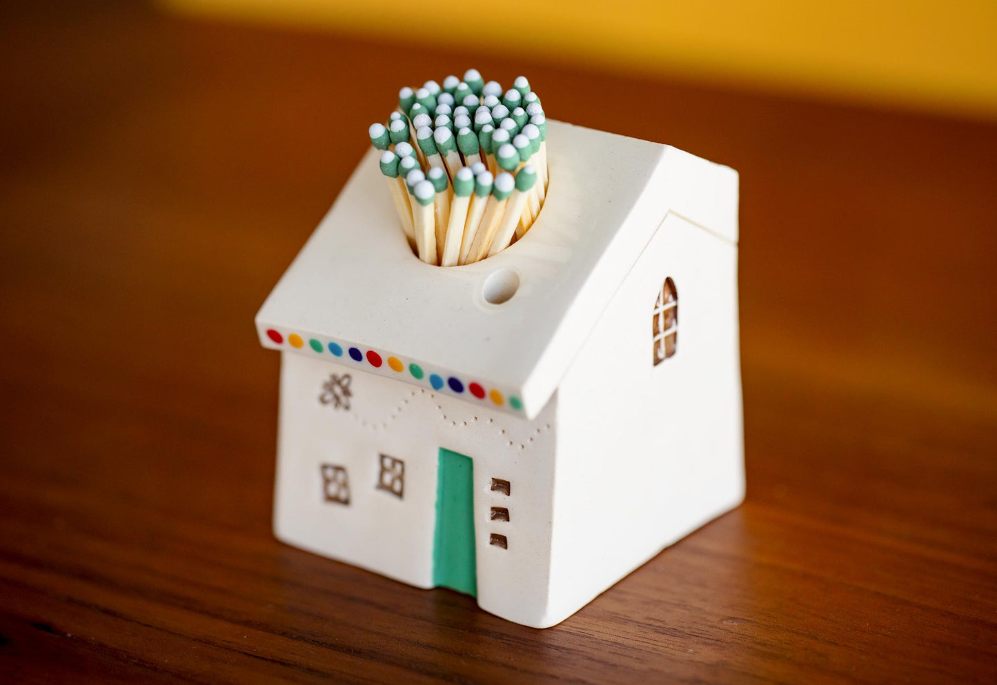 White Ceramic House Match Striker with Rainbow Dots and Honey Bee - Altar Decor