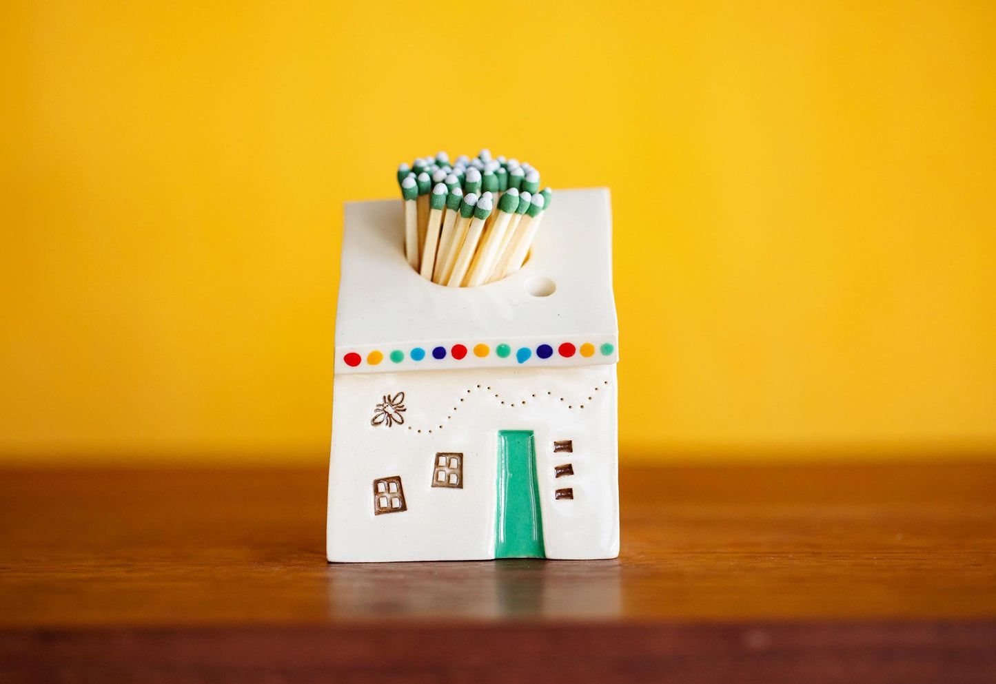 White Ceramic House Match Striker with Rainbow Dots and Honey Bee - Altar Decor