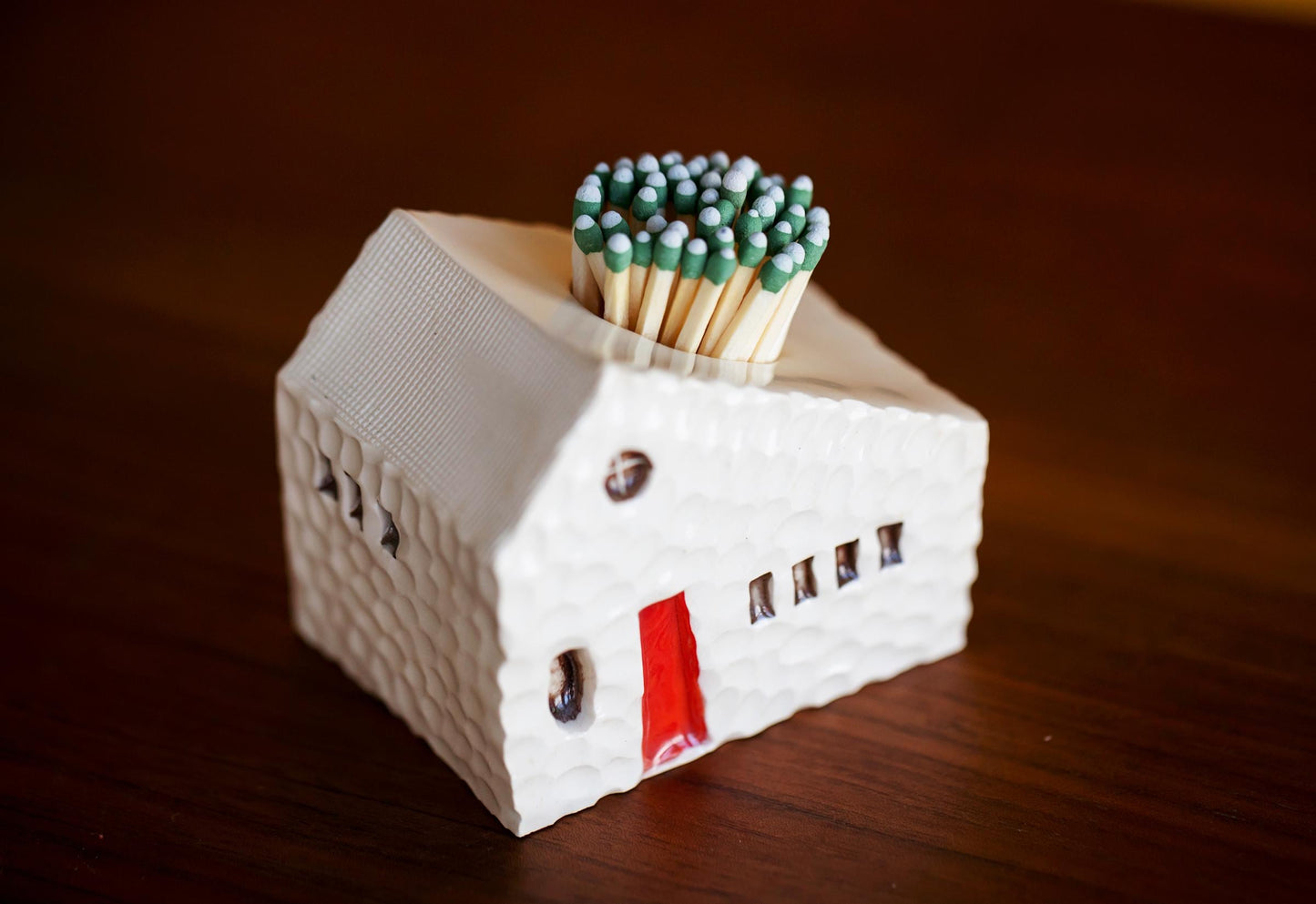 Ceramic Pebble House Match Striker with Red Door and Moon