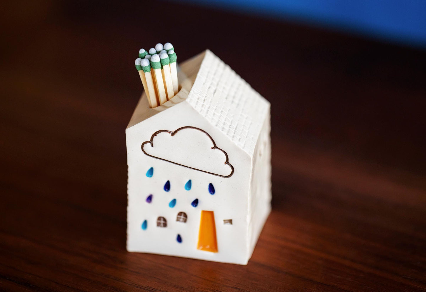 White Ceramic Mini Match Striker with Cloud and Blue Raindrops