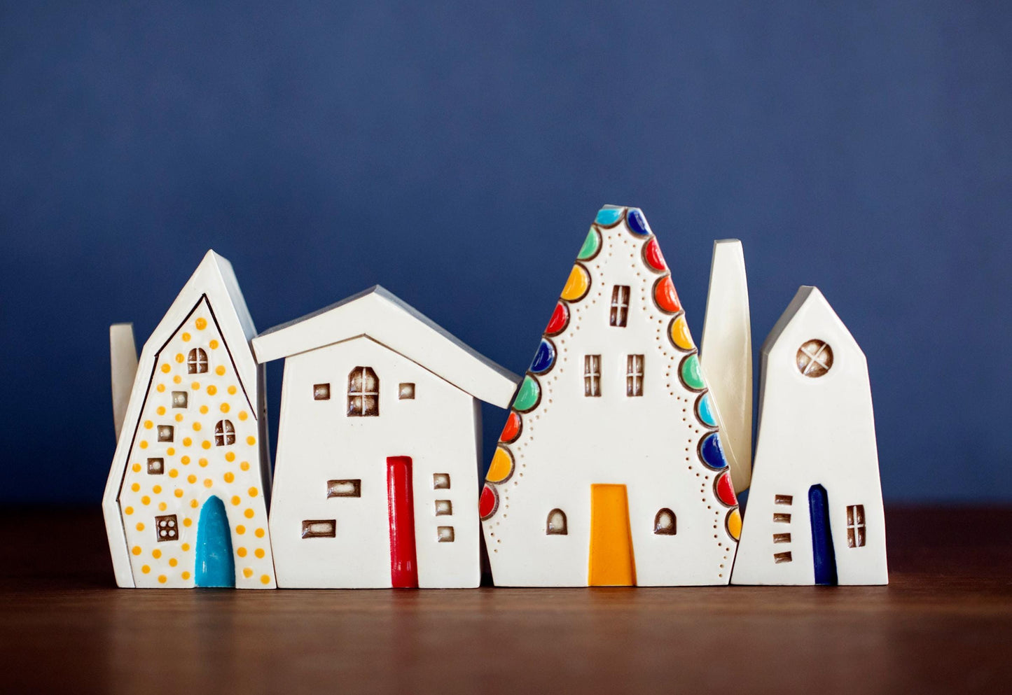Olden Days Miniature Village of Colorful Ceramic Houses with Rainbow and Yellow Dots