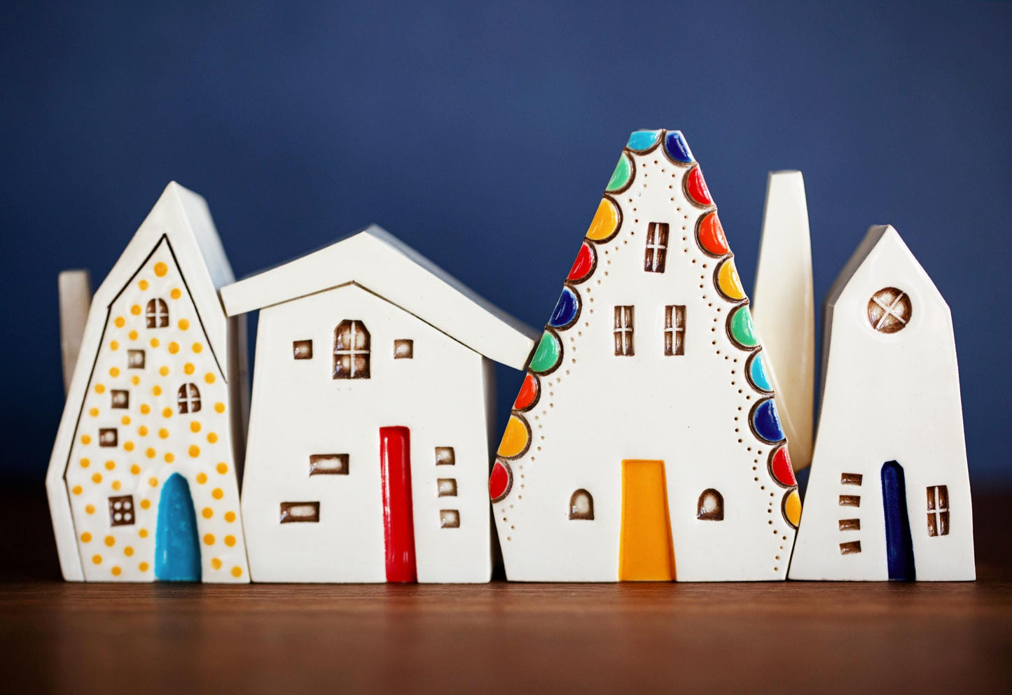 Olden Days Miniature Village of Colorful Ceramic Houses with Rainbow and Yellow Dots