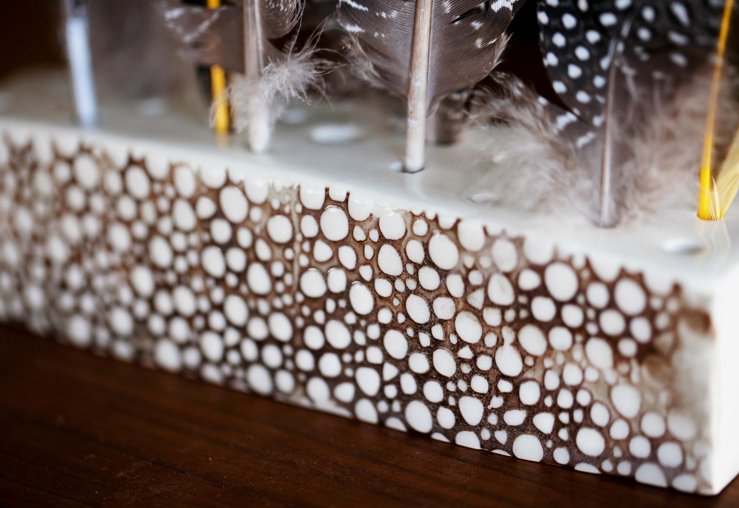 Modern White Ceramic Textured Feather Display Block - Birding Gift, Unique Eco-Friendly Present