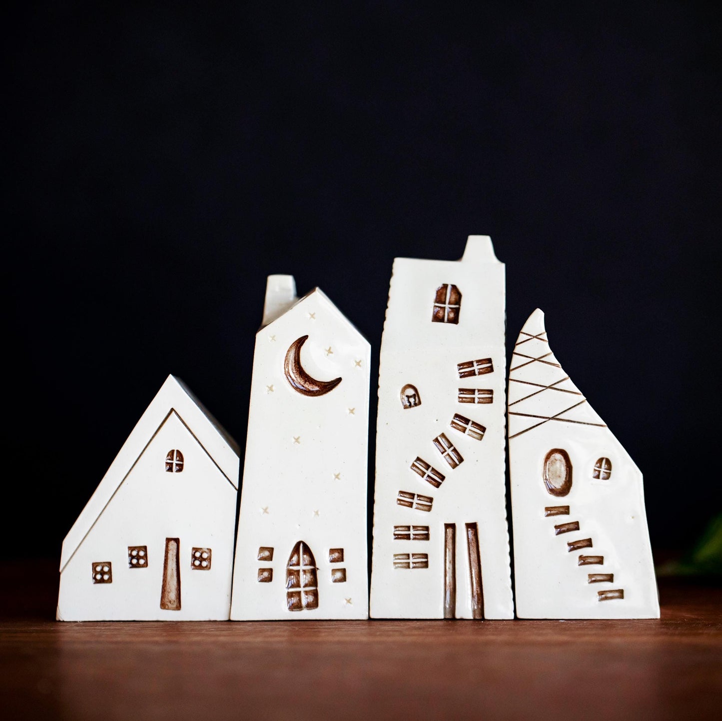 Weird Whimsical Ceramic Village with Cat in Window