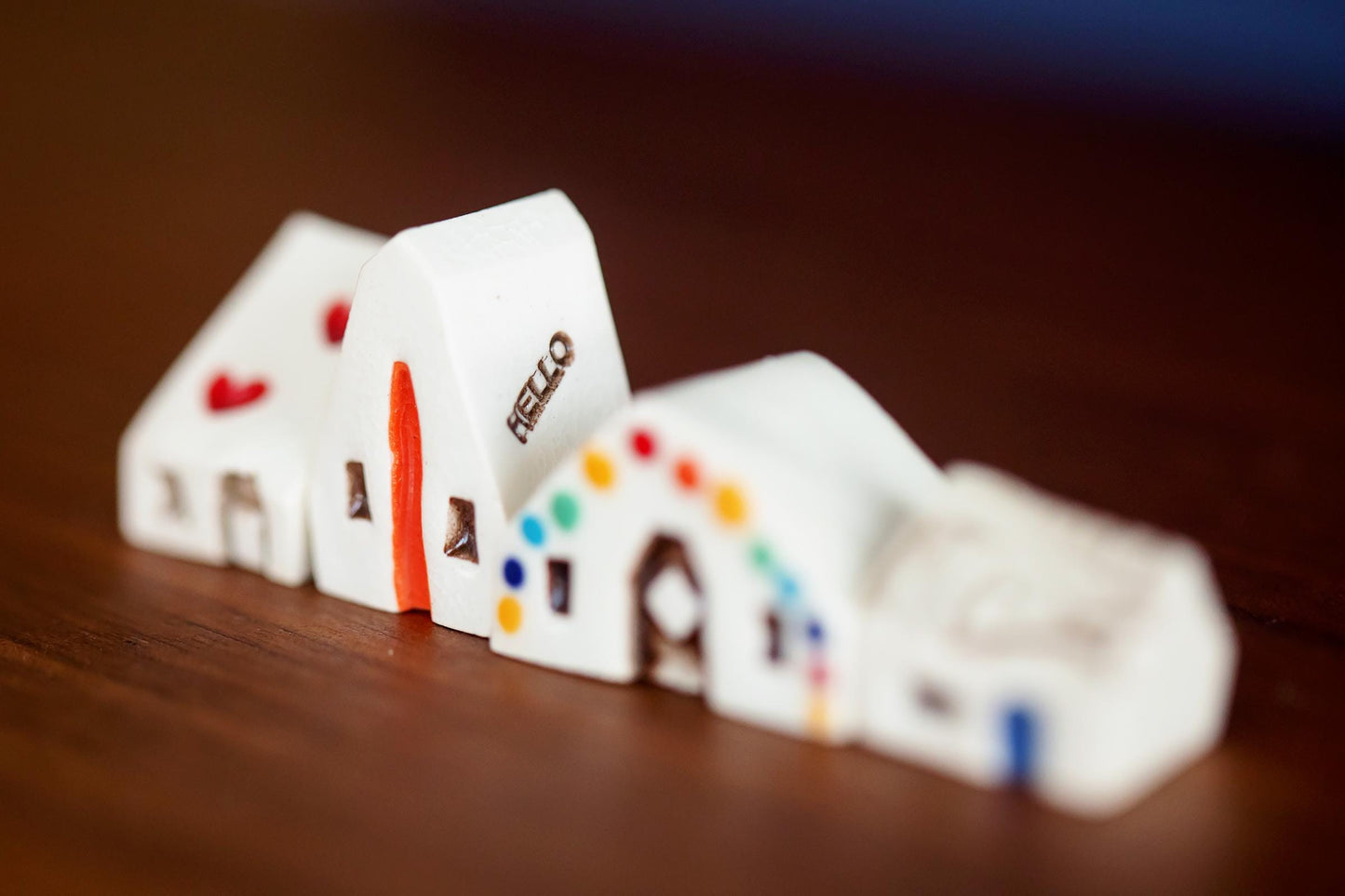 Four Tiny Ceramic Houses - Host Gift with Colorful Details