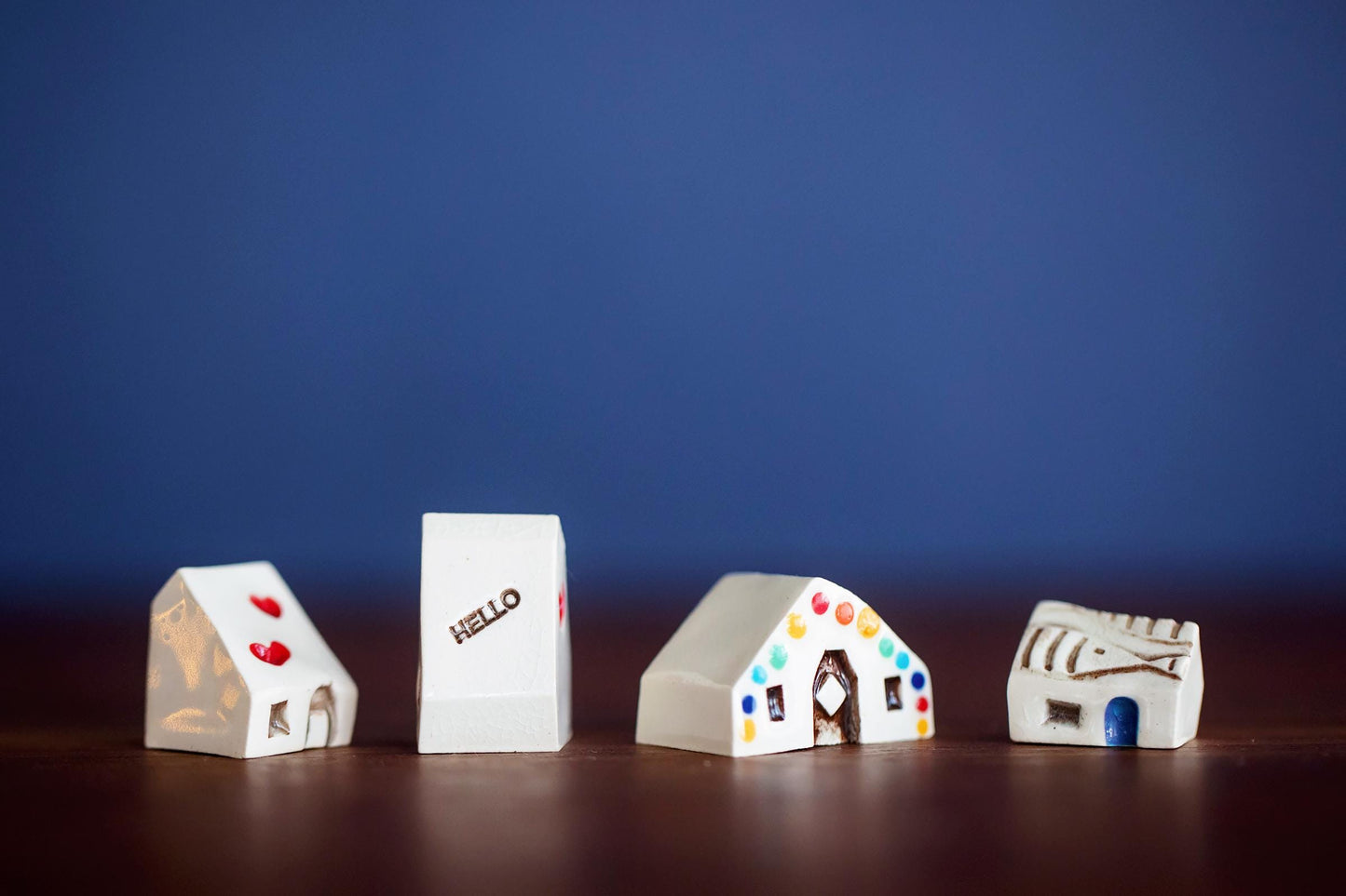 Four Tiny Ceramic Houses - Host Gift with Colorful Details