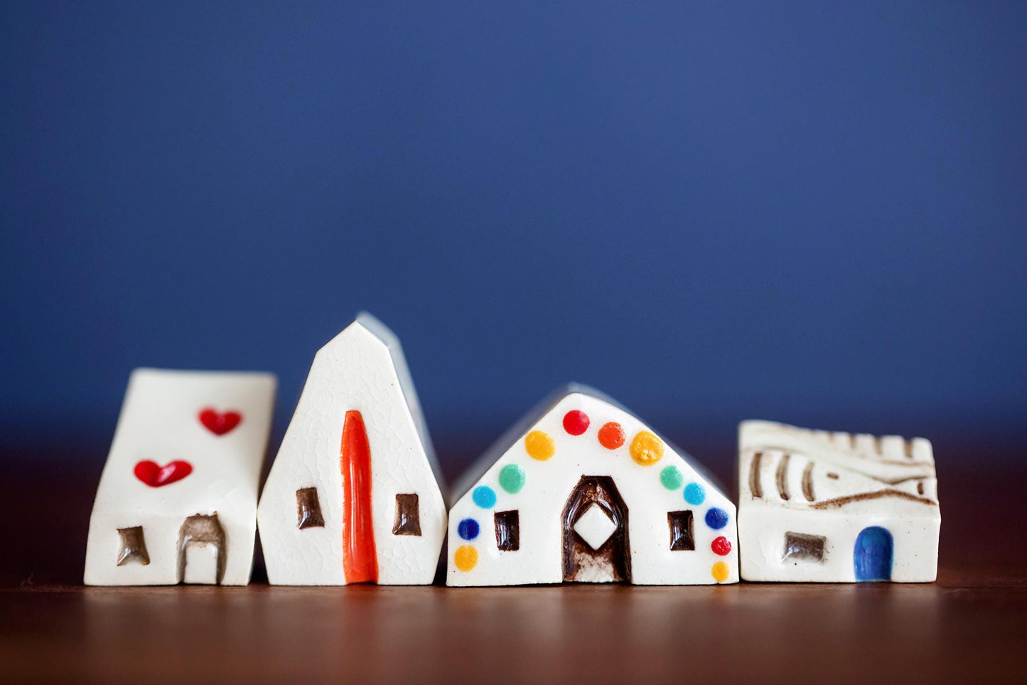 Four Tiny Ceramic Houses - Host Gift with Colorful Details