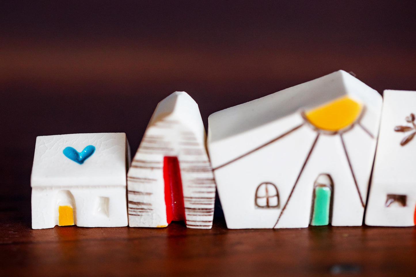 Tiny Ceramic Rainbow House Village - Handmade Houses with Dragonfly, Sunshine, Hearts