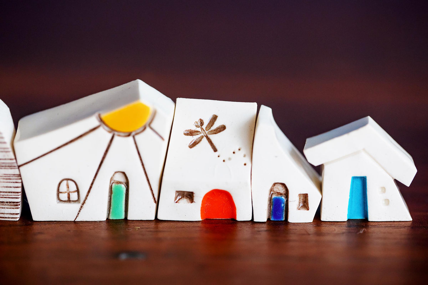 Tiny Ceramic Rainbow House Village - Handmade Houses with Dragonfly, Sunshine, Hearts