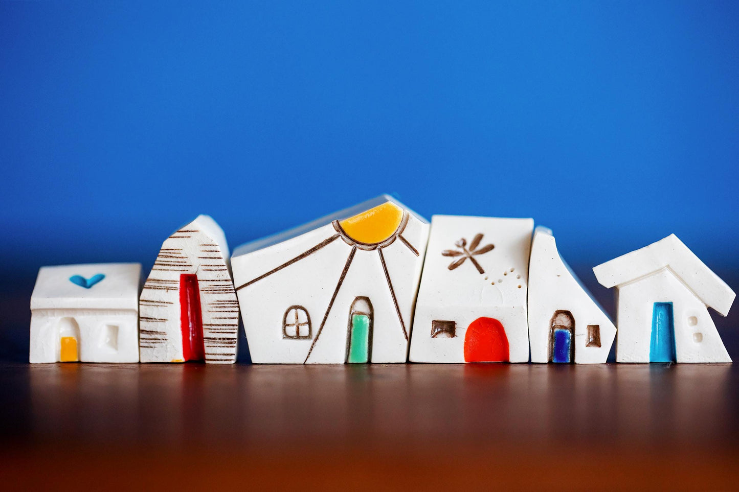 Tiny Ceramic Rainbow House Village - Handmade Houses with Dragonfly, Sunshine, Hearts