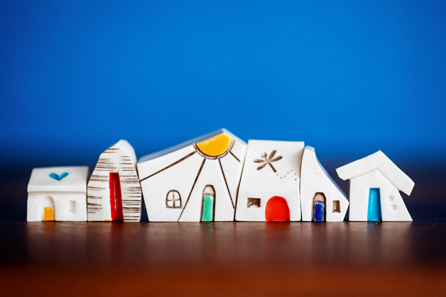 Tiny Ceramic Rainbow House Village - Handmade Houses with Dragonfly, Sunshine, Hearts