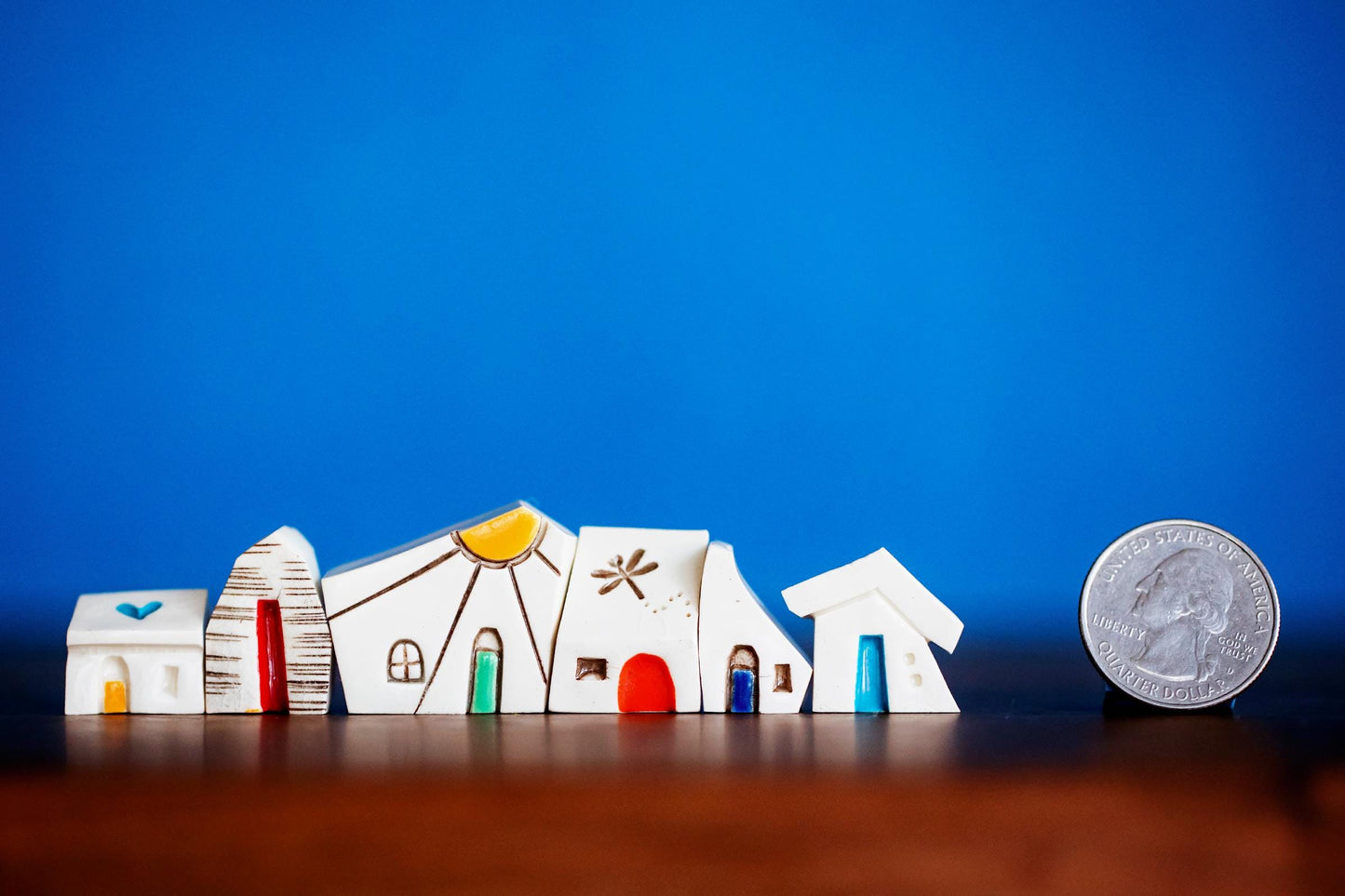 Tiny Ceramic Rainbow House Village - Handmade Houses with Dragonfly, Sunshine, Hearts