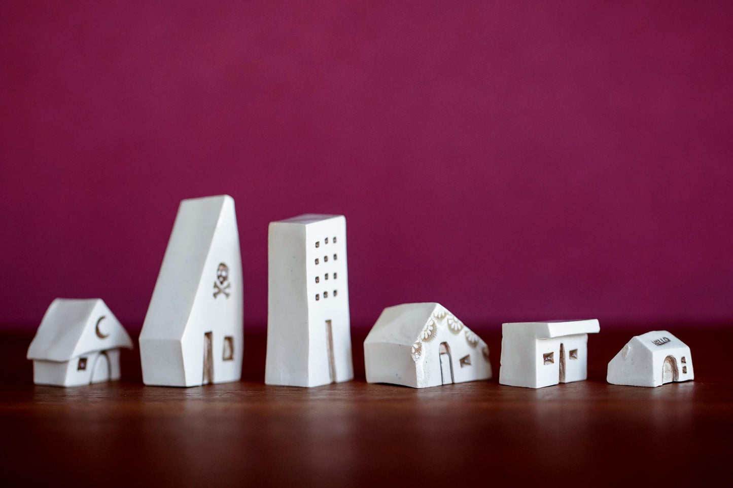 Miniature Artsy Ceramic Village with Six Houses and Skull