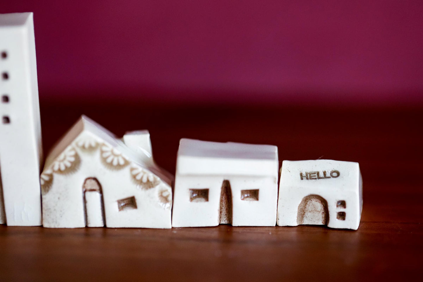 Miniature Artsy Ceramic Village with Six Houses and Skull
