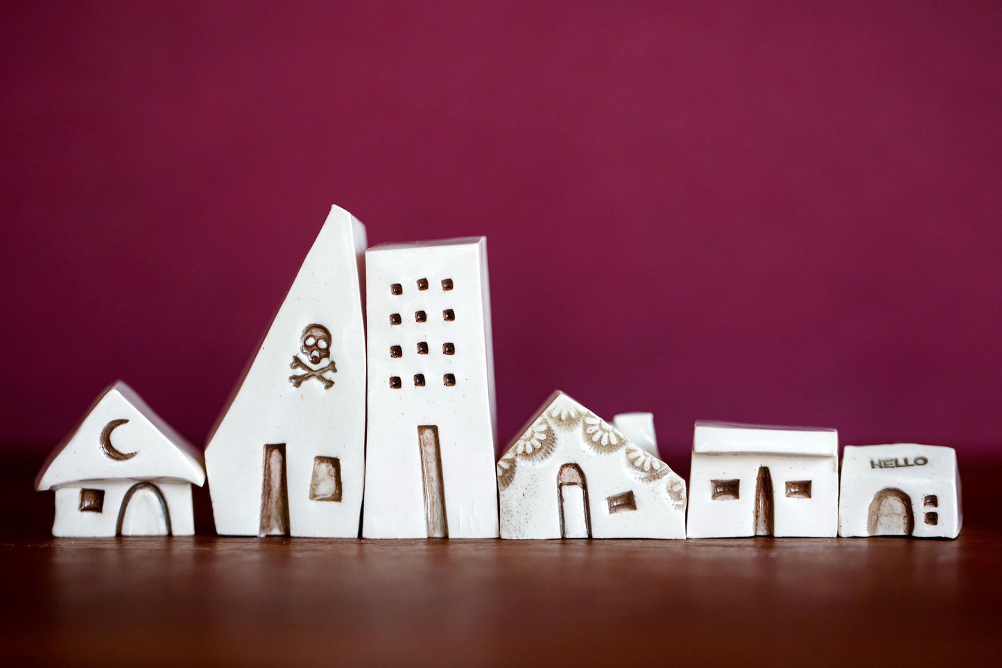 Miniature Artsy Ceramic Village with Six Houses and Skull