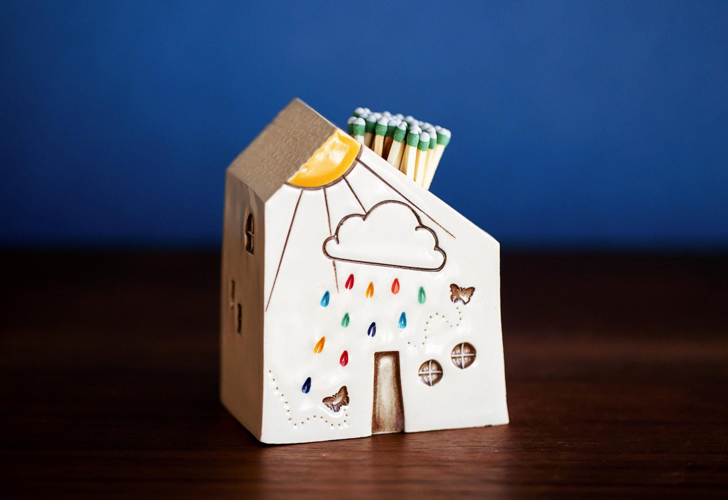 White Ceramic House Match Striker for Meditation Altar - Unique MCM Rainbow Butterfly Gift