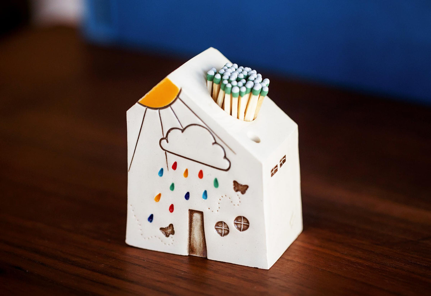 White Ceramic House Match Striker for Meditation Altar - Unique MCM Rainbow Butterfly Gift
