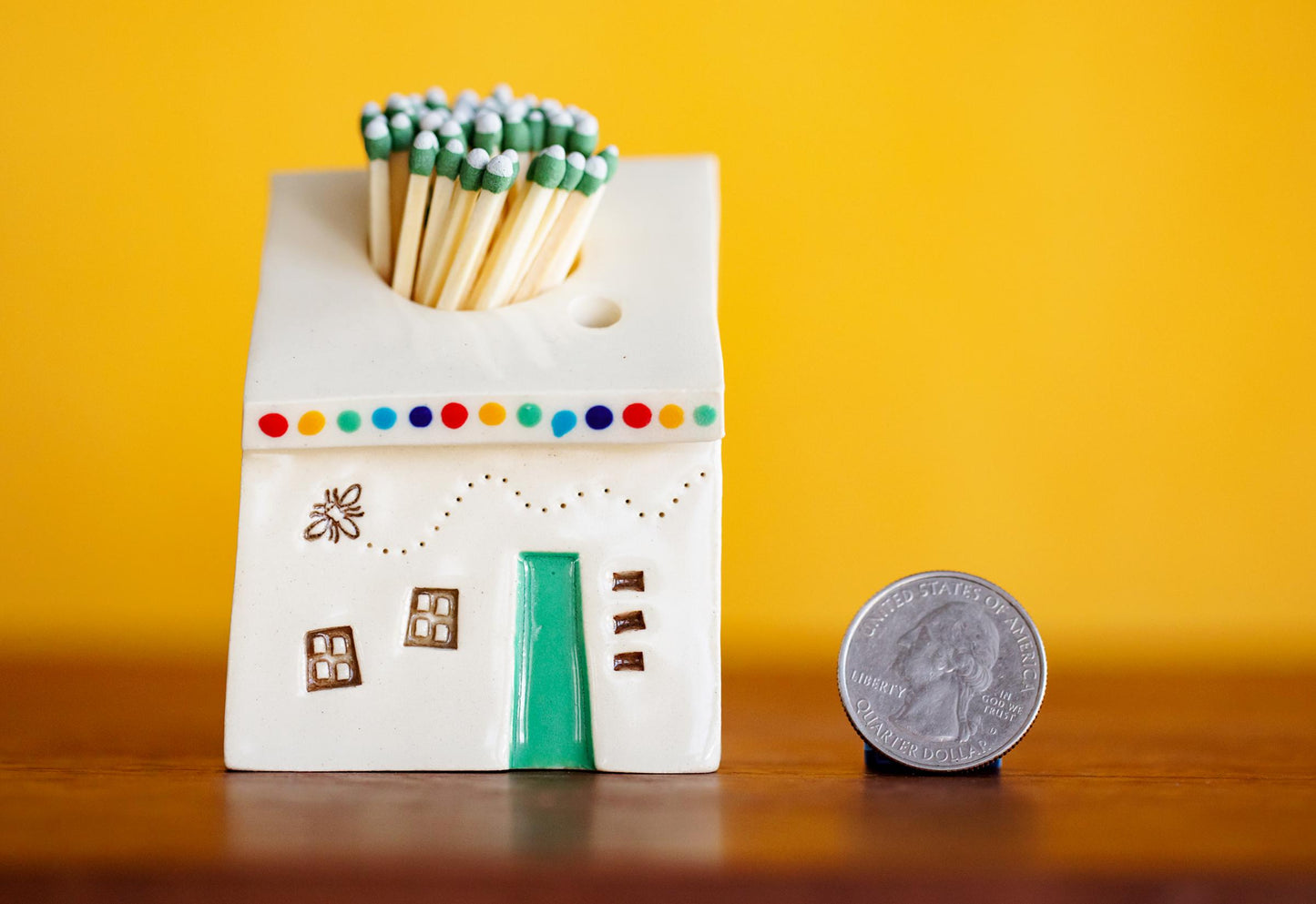 White Ceramic House Match Striker with Rainbow Dots and Honey Bee - Altar Decor