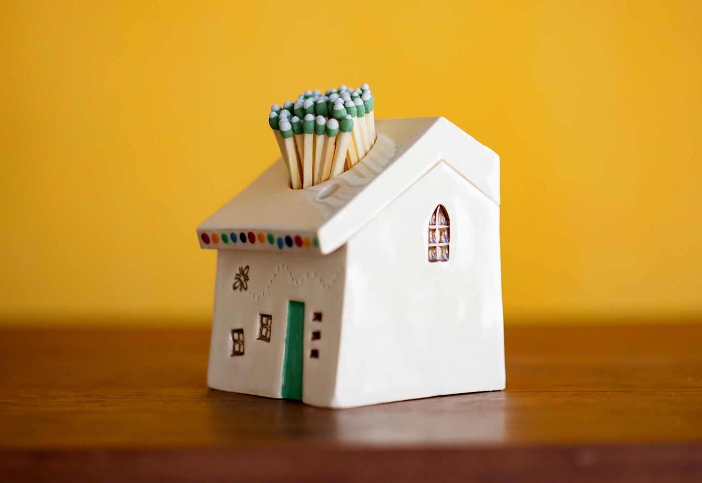 White Ceramic House Match Striker with Rainbow Dots and Honey Bee - Altar Decor