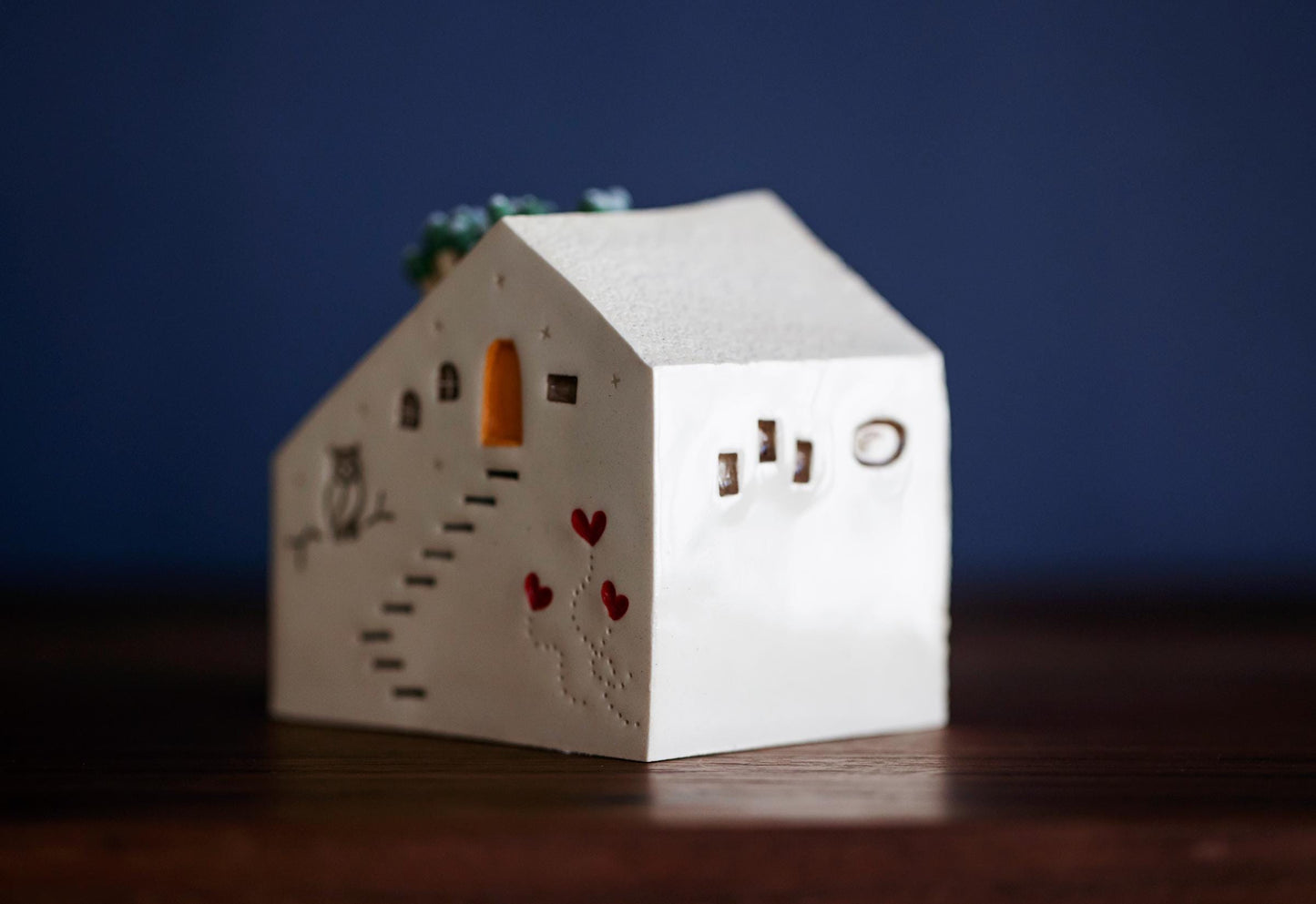 White Ceramic House Match Striker with Hearts and Owl - Woodland Texture
