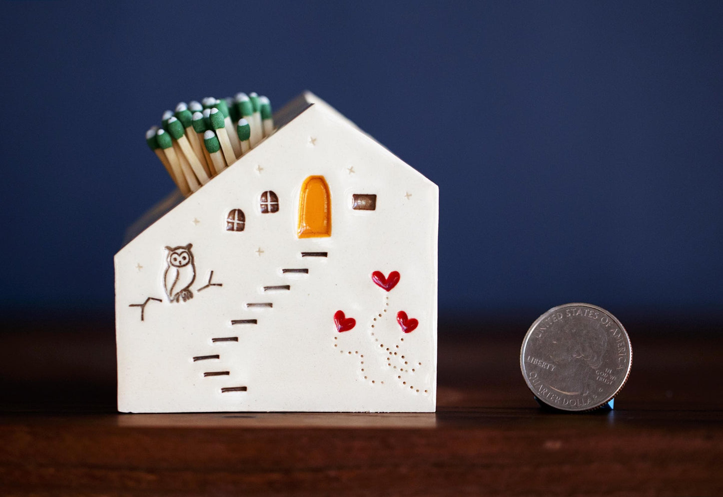 White Ceramic House Match Striker with Hearts and Owl - Woodland Texture