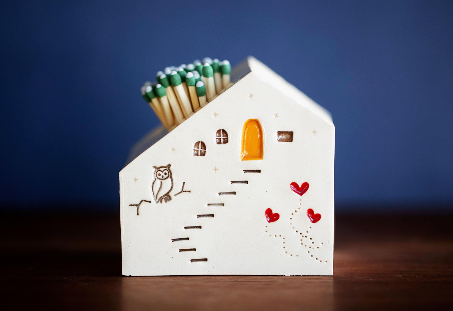 White Ceramic House Match Striker with Hearts and Owl - Woodland Texture
