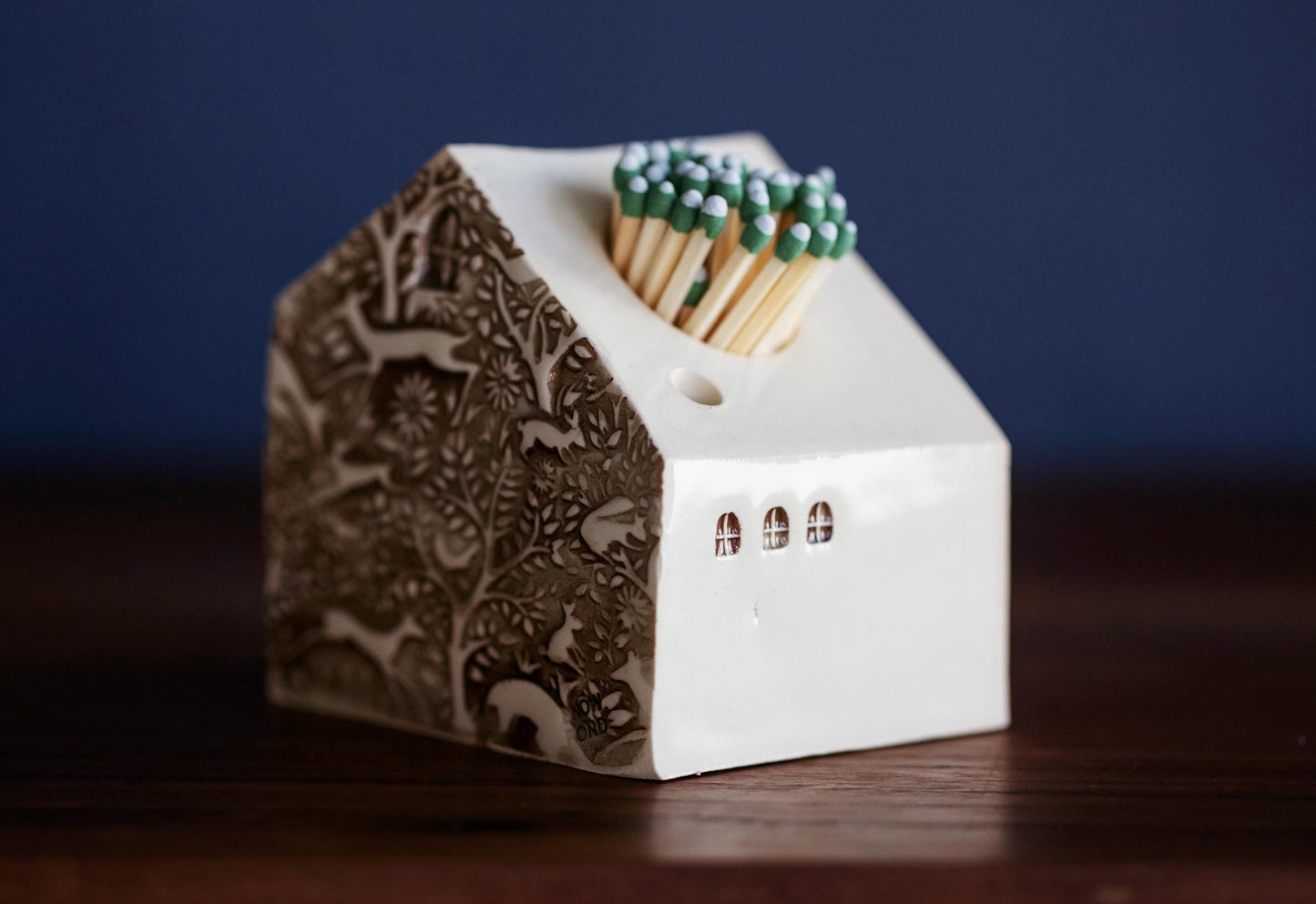 White Ceramic House Match Striker with Hearts and Owl - Woodland Texture