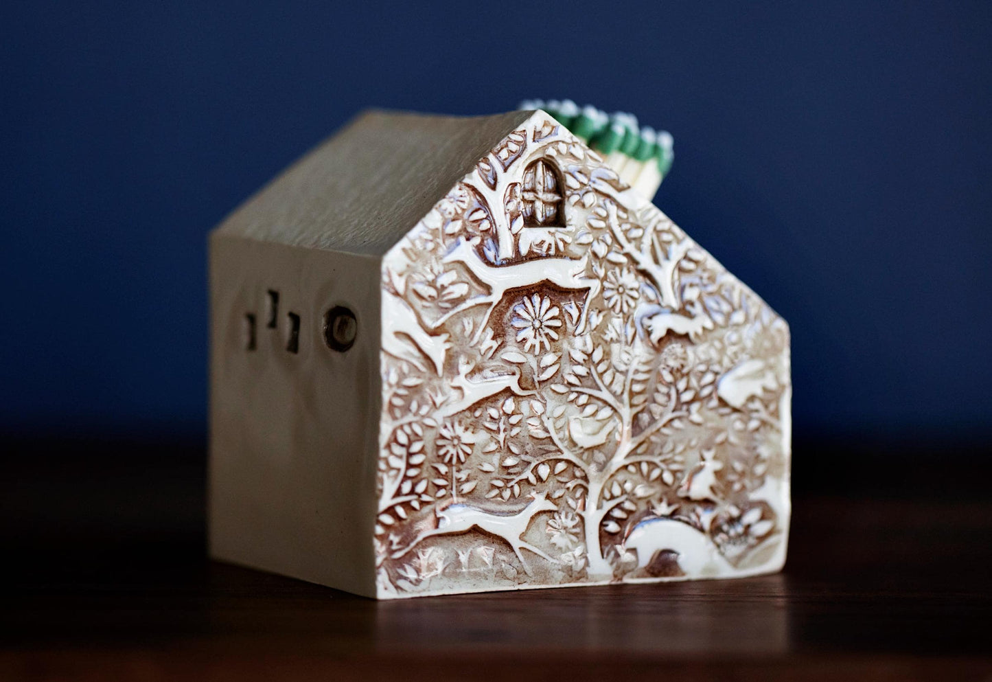 White Ceramic House Match Striker with Hearts and Owl - Woodland Texture
