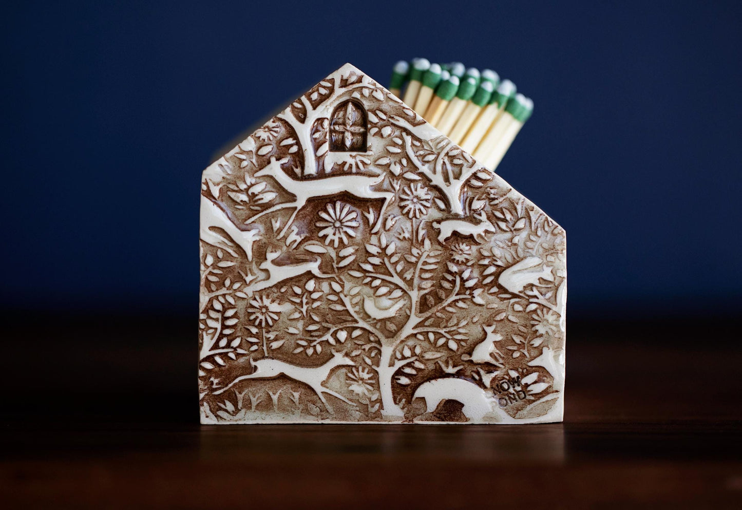 White Ceramic House Match Striker with Hearts and Owl - Woodland Texture