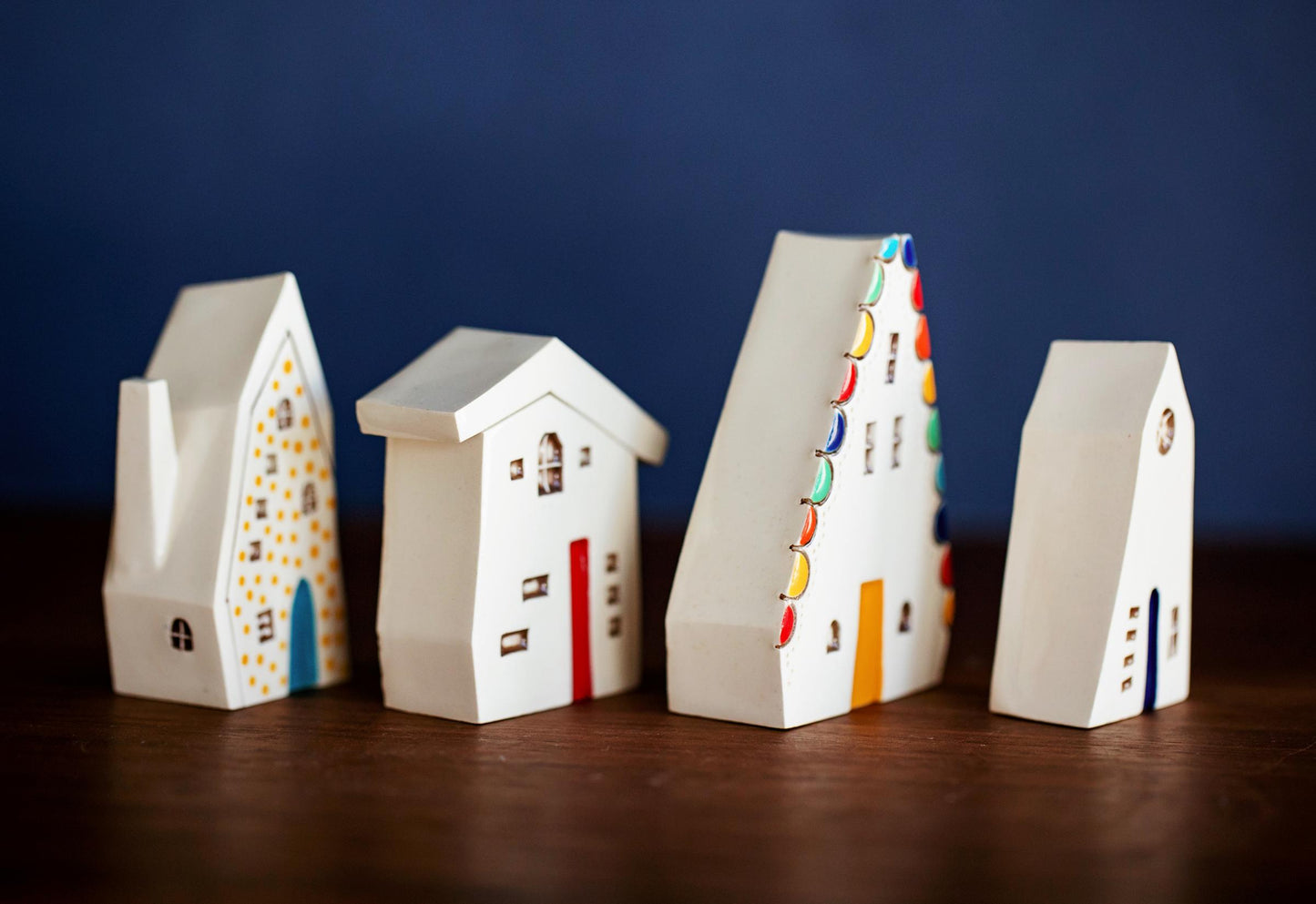 Olden Days Miniature Village of Colorful Ceramic Houses with Rainbow and Yellow Dots