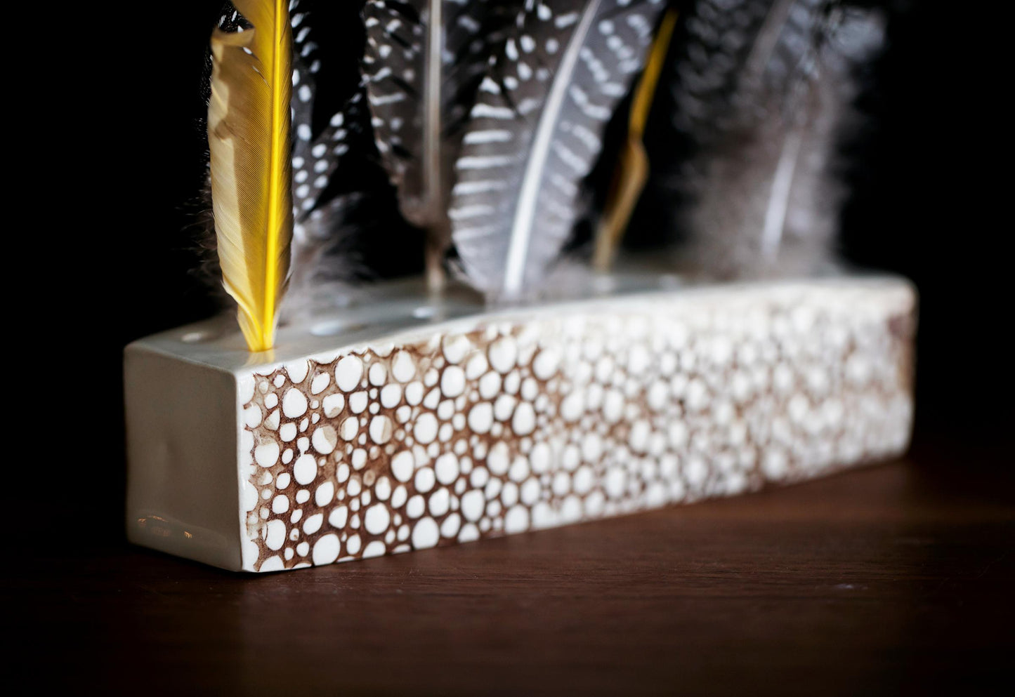 Modern White Ceramic Textured Feather Display Block - Birding Gift, Unique Eco-Friendly Present