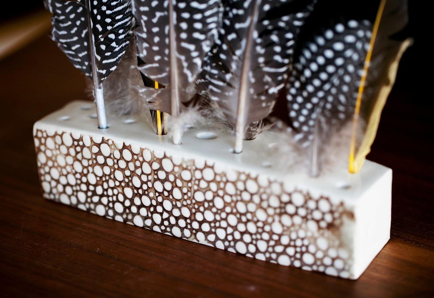 Modern White Ceramic Textured Feather Display Block - Birding Gift, Unique Eco-Friendly Present