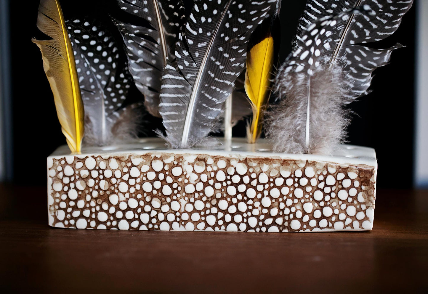 Modern White Ceramic Textured Feather Display Block - Birding Gift, Unique Eco-Friendly Present