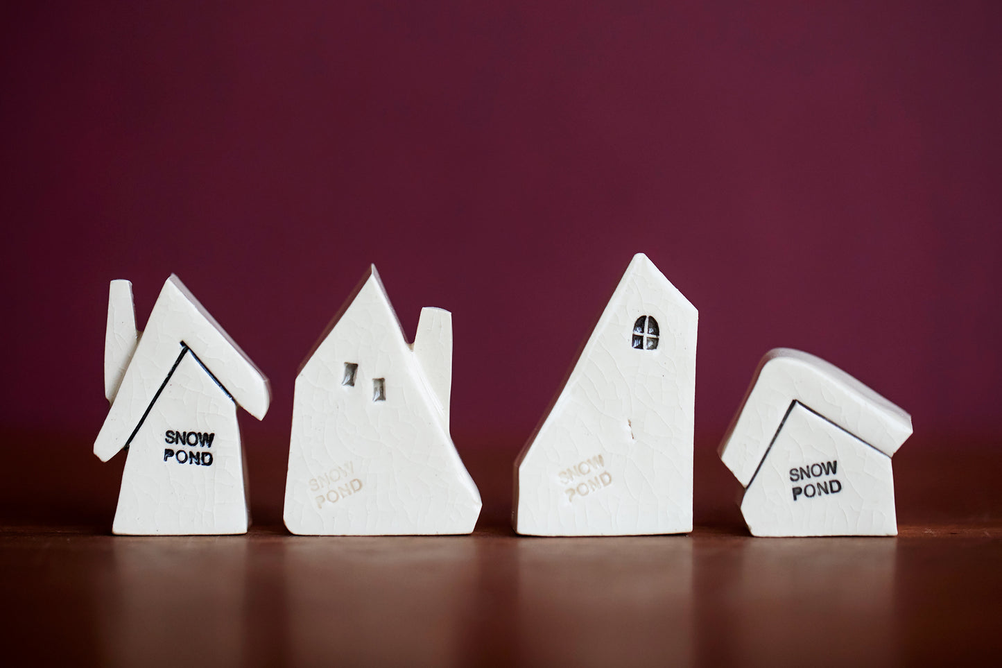 Cute Miniature Ceramic Puzzle Village of Houses with Colorful Doors and Moon