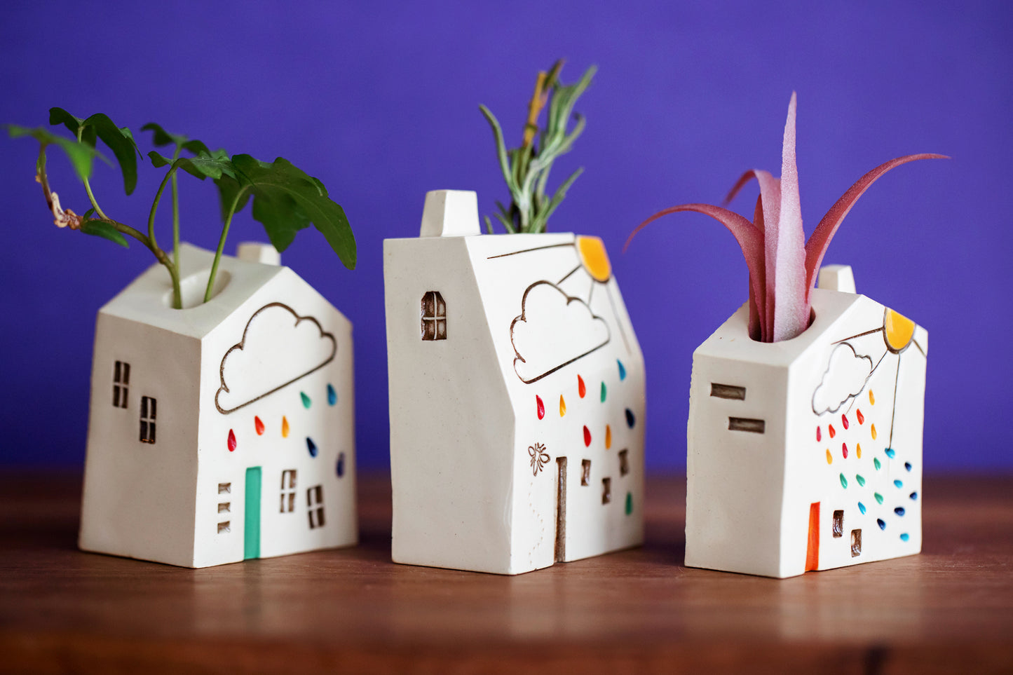 Rainbow Raindrop Cloud House Bud Vases