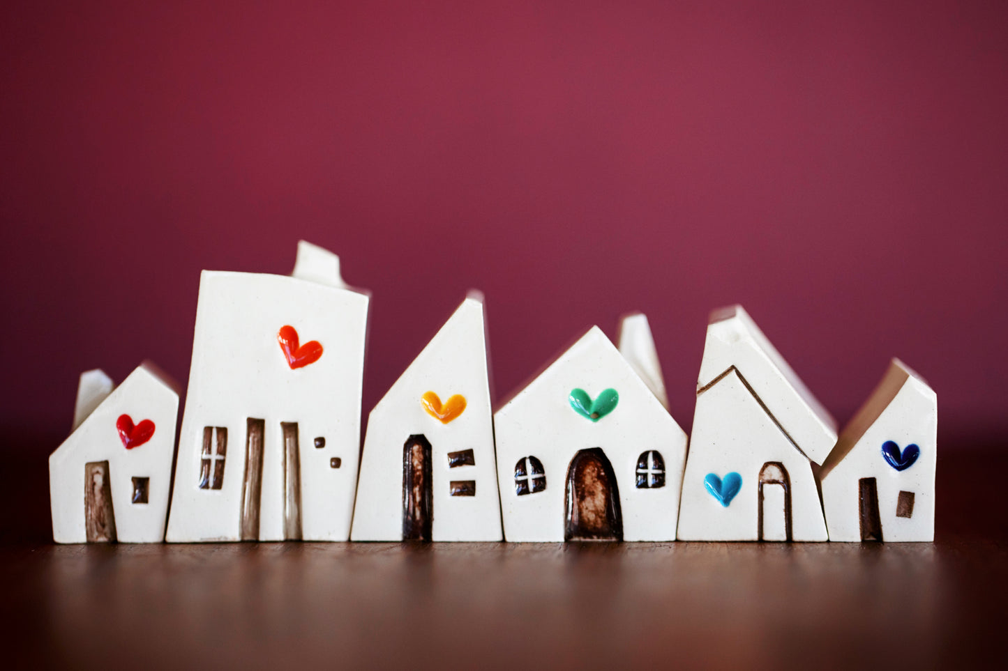 Rainbow Hearts Ceramic Village Miniature Puzzle Set