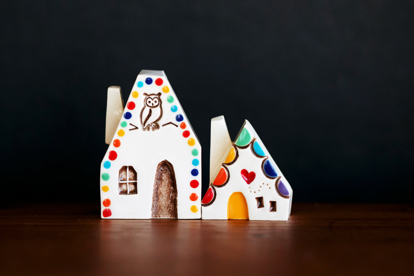 Polka Dot Rainbow Village with Owl and Red Heart