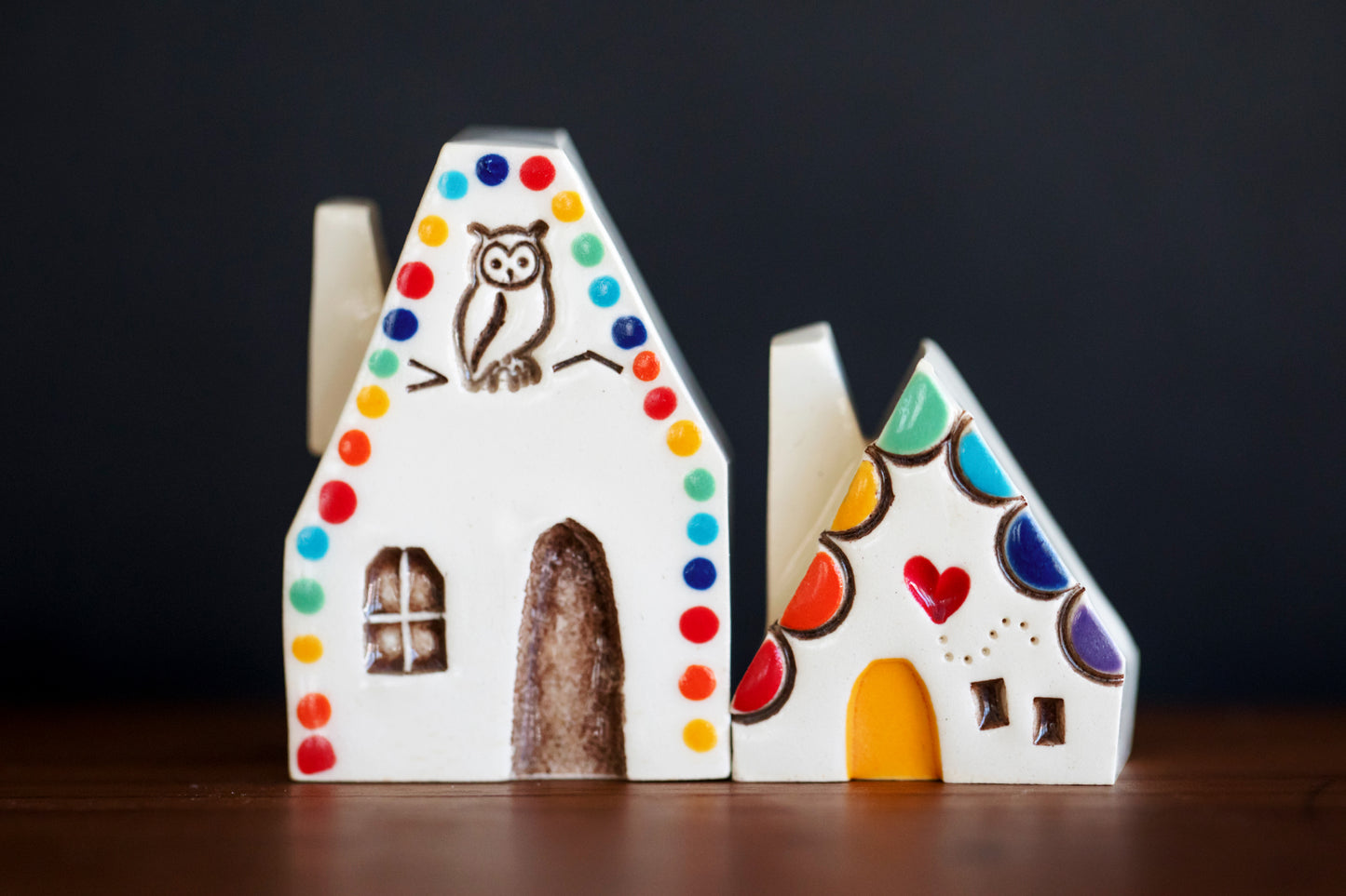 Polka Dot Rainbow Village with Owl and Red Heart