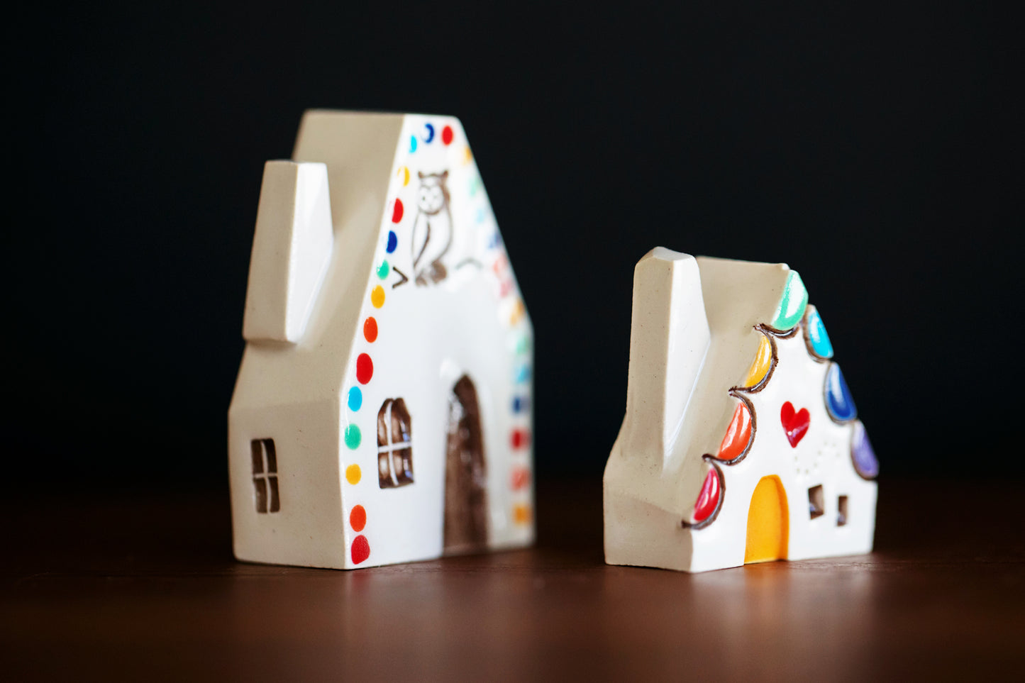 Polka Dot Rainbow Village with Owl and Red Heart