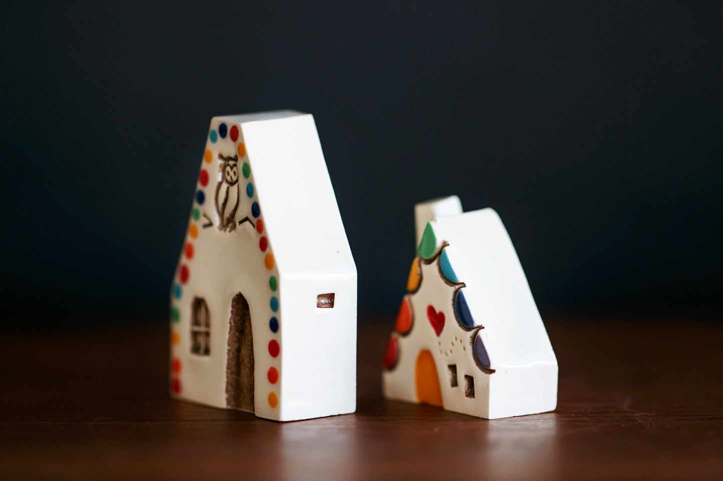 Polka Dot Rainbow Village with Owl and Red Heart