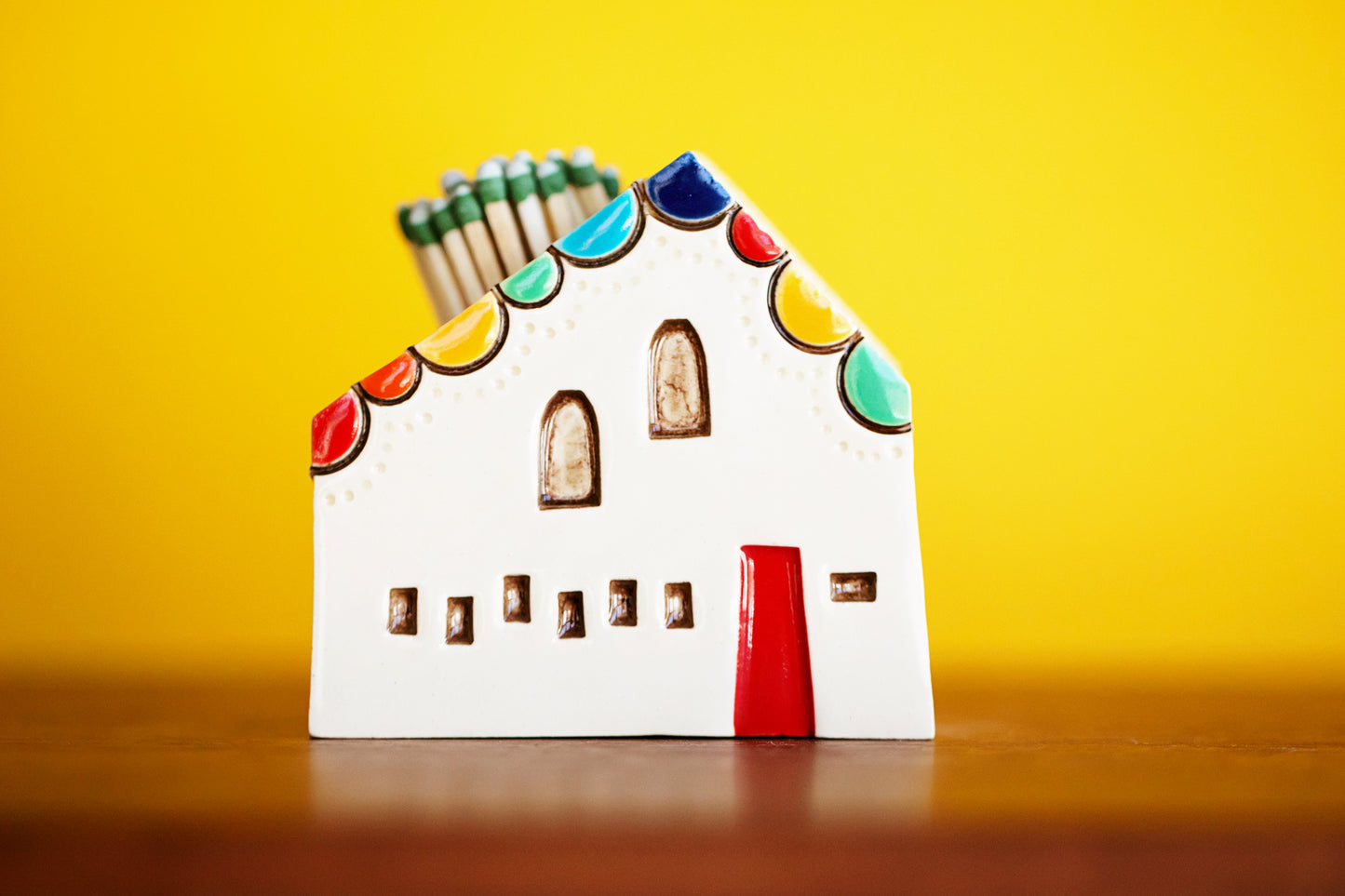 Rainbow Scallop Roof House Match Striker with Red Door and Owl