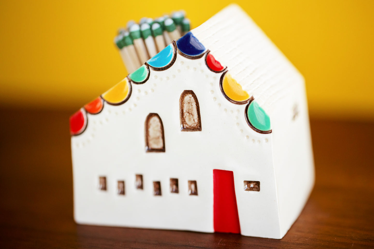 Rainbow Scallop Roof House Match Striker with Red Door and Owl
