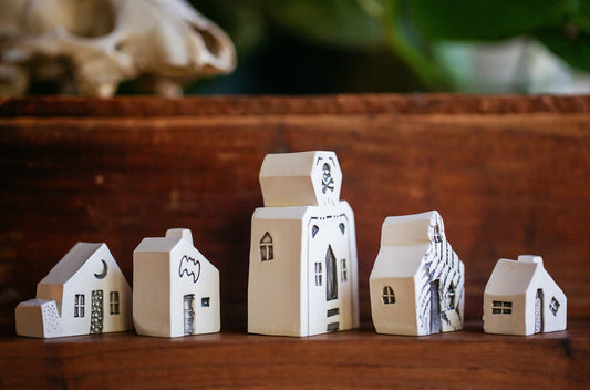 Whimsical Halloween Miniature Village of Houses with Skull